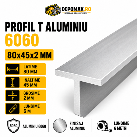 Profil T aluminiu 80 x 45 x 2 mm, 6 metri